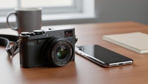 Unbranded premium compact point-and-shoot with large lens and tactile dials next to a smartphone on a wooden desk, shot from a 45-degree angle in soft window light; camera in sharp focus with blurred minimalist workspace in the background.
