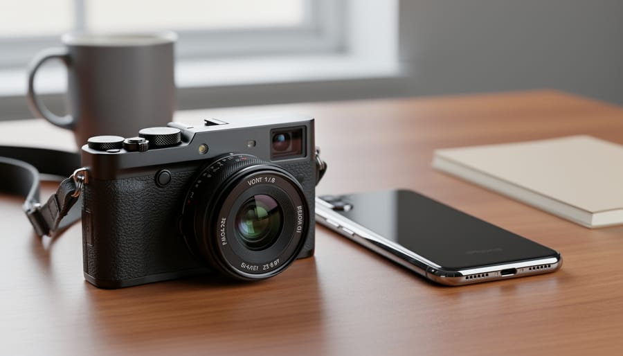 Unbranded premium compact point-and-shoot with large lens and tactile dials next to a smartphone on a wooden desk, shot from a 45-degree angle in soft window light; camera in sharp focus with blurred minimalist workspace in the background.