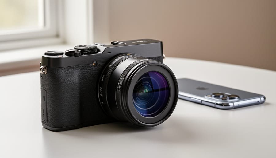 Premium compact camera and smartphone side by side on wooden desk