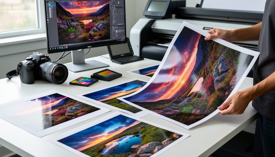Hands holding professionally printed photographs with accurate vivid colors