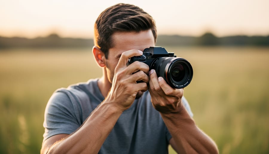 Photographer's hands demonstrating proper camera holding technique with mirrorless camera