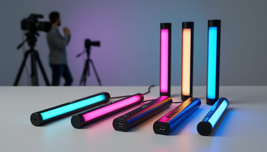 RGB LED tube lights creating colorful portrait lighting with purple and cyan colors