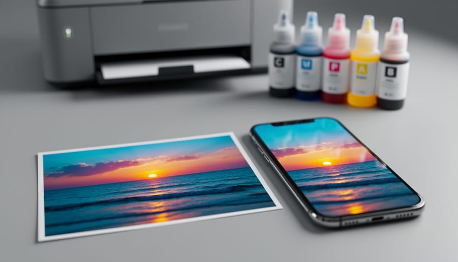 Smartphone with a vibrant seaside sunset on screen placed beside a slightly duller matte paper print of the same photo, lit by soft studio light on a desk, with an out-of-focus printer and CMYK ink bottles in the background.