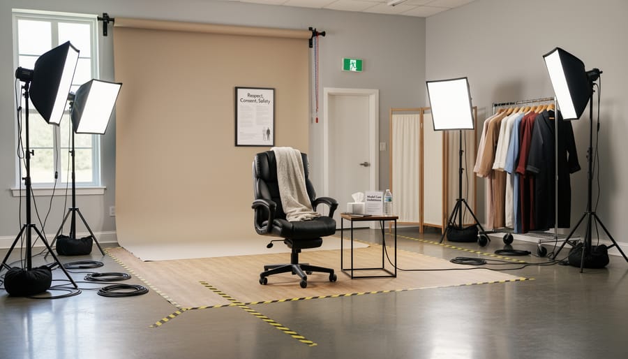 Professional photography studio setup with comfort amenities and safety considerations