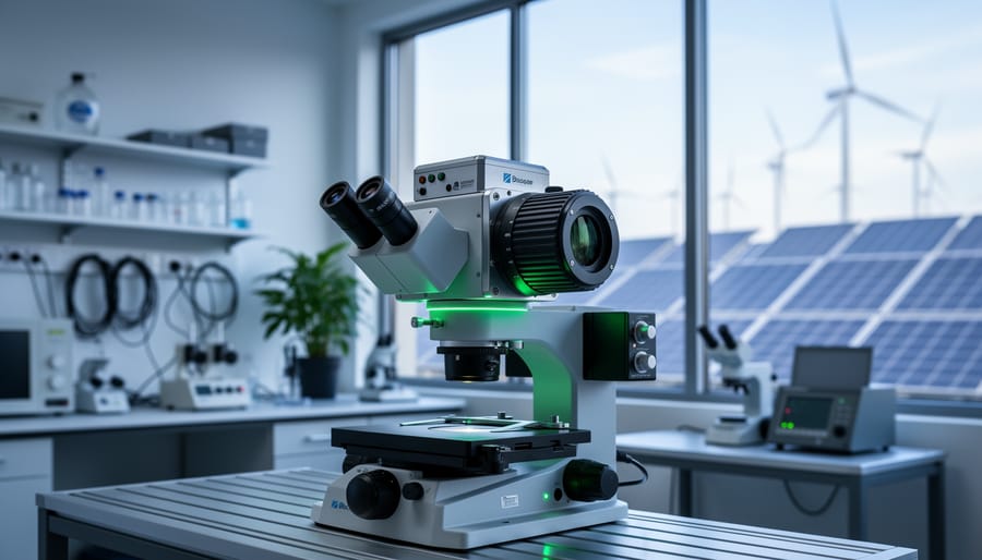 Close-up of a cooled scientific camera attached to a microscope on an optical table in a bright lab, with blurred background showing equipment, indoor plants, rooftop solar panels, and a distant wind turbine through a window.