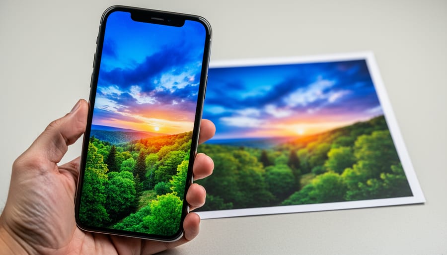 Smartphone displaying colorful photo next to printed version showing color differences