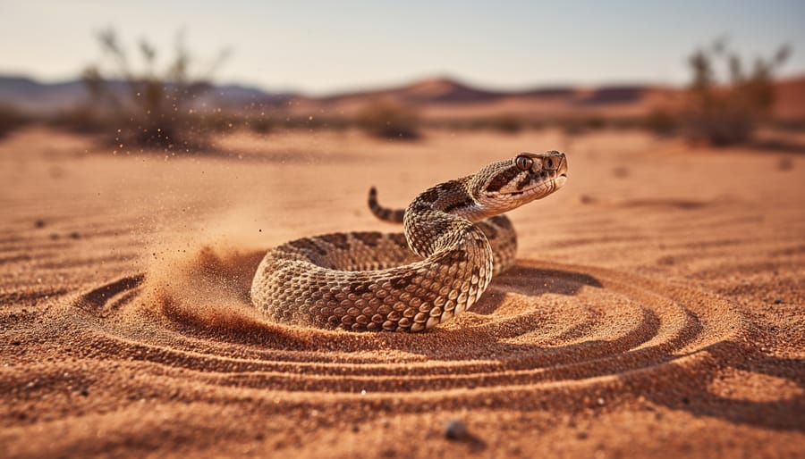 Sidewinder rattlesnake demonstrating characteristic sidewinding motion across desert sand
