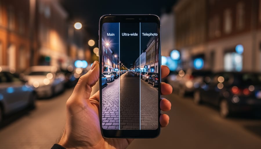 Close-up of smartphone camera lenses in low-light conditions showing lens array details