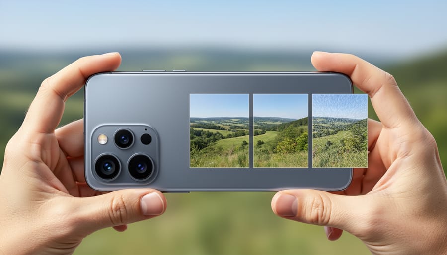 Person holding smartphone taking a photo of a landscape during golden hour