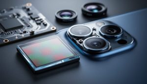 Close-up 45-degree view of a smartphone image sensor beside a multi-lens camera module on a dark surface, softly lit with cool blue accents, with a blurred circuit board and additional lenses in the background.