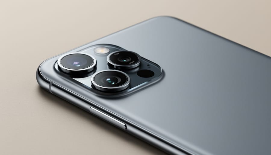 Close-up of three camera lenses on the back of a modern smartphone
