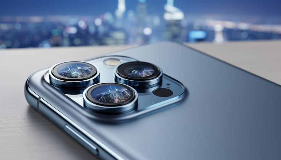 Close-up three-quarter view of a modern smartphone’s triple-camera module with soft studio lighting, sharp focus on the glass lenses, and a softly blurred desk background with subtle city-light bokeh; each lens shows a different reflection suggesting wide, standard, and telephoto views.
