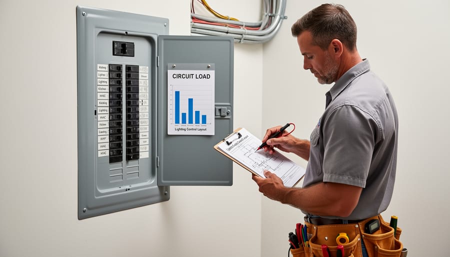 Electrical breaker panel showing multiple circuit breakers for studio power management