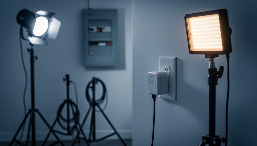 Photography studio corner with a softbox strobe and LED panel plugged into a wall outlet through a generic plug-in automation module, sharply focused foreground and a blurred breaker panel and C-stands in the background