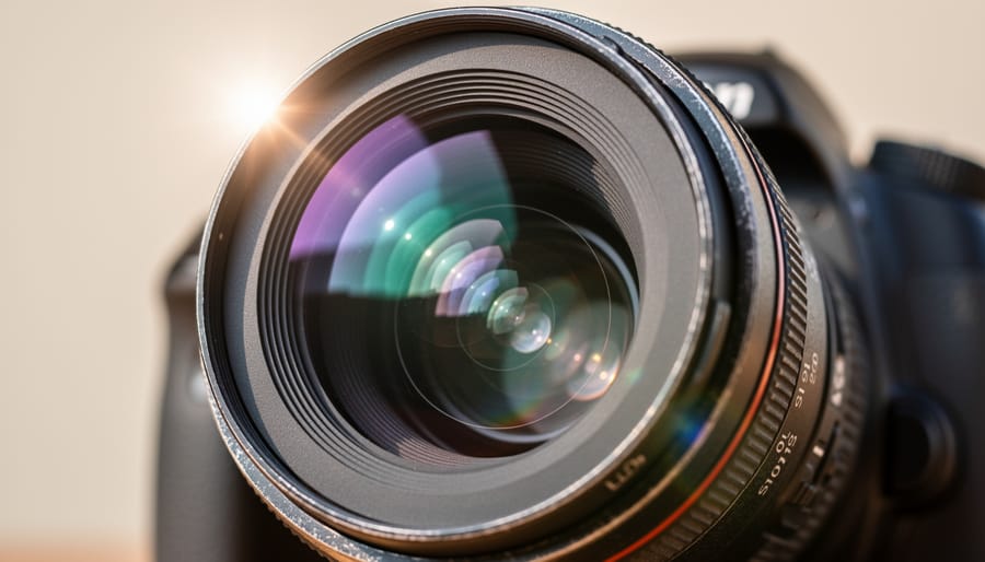 Sunlight interacting with multiple lens elements showing light reflections and internal bouncing