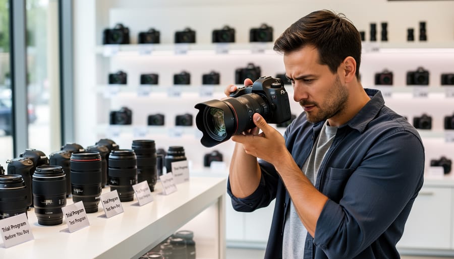 Photographer evaluating telephoto lens in camera store before purchasing
