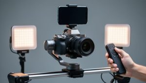 Mirrorless camera on a motorized slider with AI-tracking gimbal, compact modular LED panels with diffusers, and a hand holding a wireless trigger; blurred studio background.