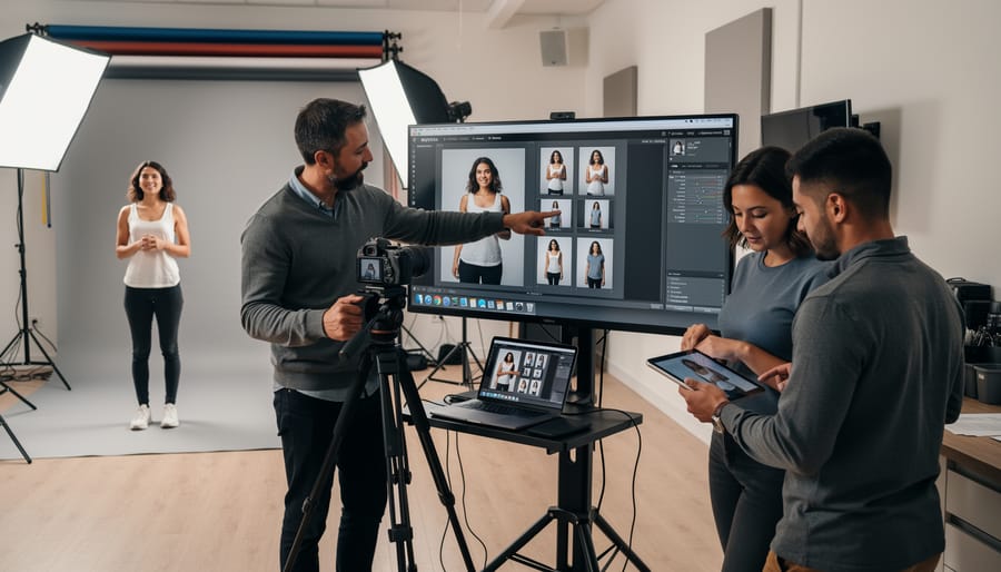 Photographer showing model preview images on camera screen during photo session