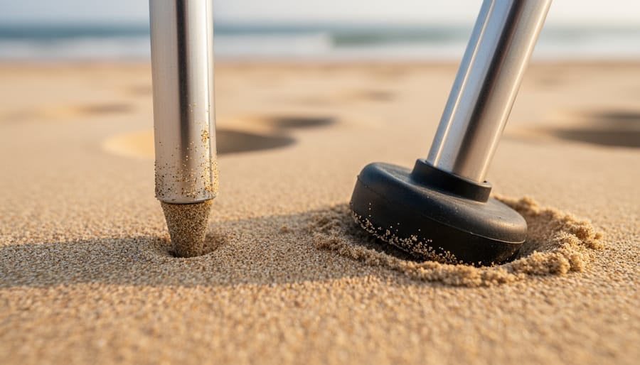 Camera tripod with spike feet stabilized in wet beach sand during golden hour