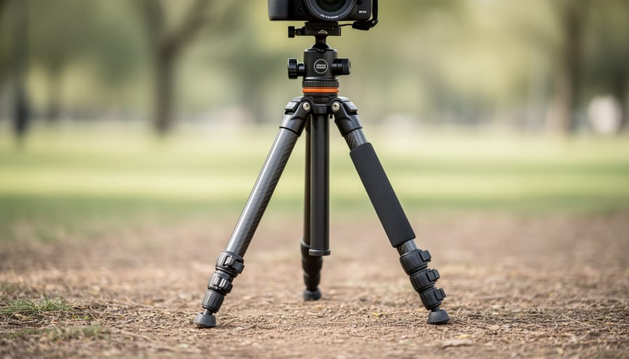 Carbon fiber tripod legs properly spread showing stability contact points and locking mechanisms
