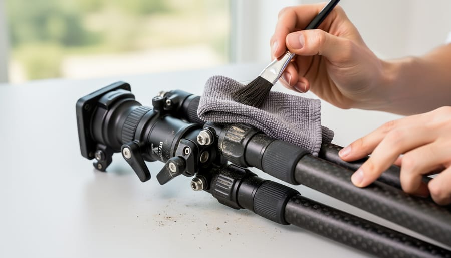 Photographer cleaning tripod leg joints with brush and cloth during maintenance routine