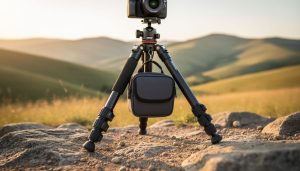 Low-angle ground-level view of a carbon fiber tripod with legs spread wide on uneven rocky terrain, camera mounted, and a camera bag hanging from the center column hook; sharp focus on leg locks and rubber feet with softly blurred hills in warm golden-hour light.