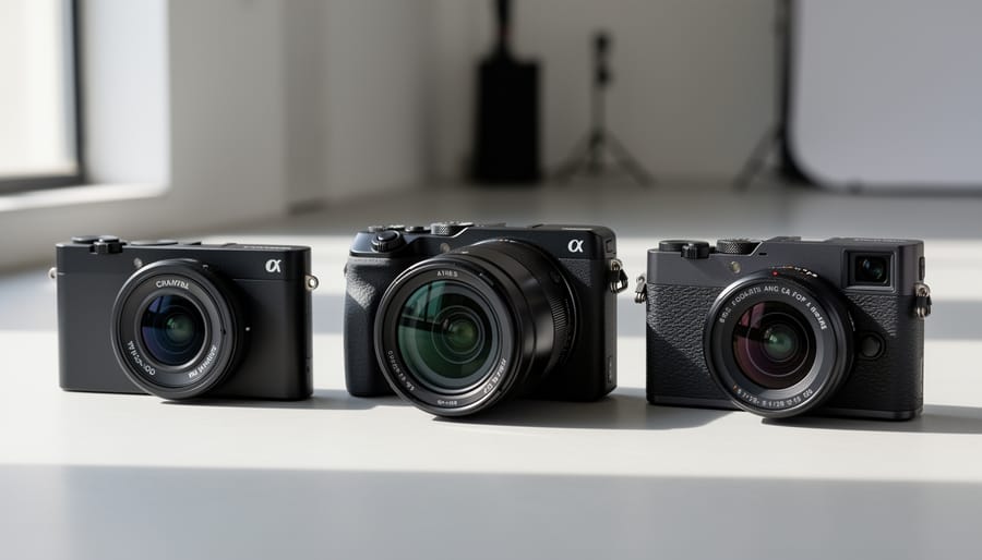 Three different types of premium point-and-shoot cameras displayed on white background