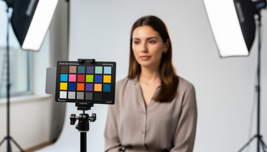 Photographer holding color calibration chart in front of product photography setup