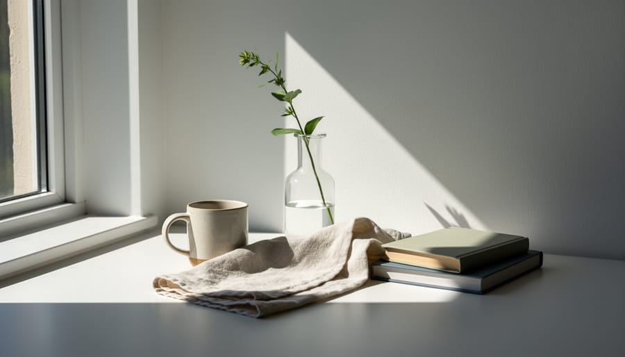 White coffee cup near window with natural side lighting creating shadows on white surface