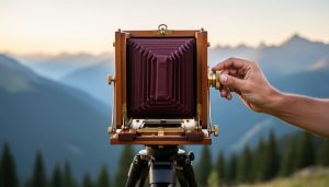 Eye-level close-up of a wooden 4x5 large format field camera on a tripod with extended bellows, a hand adjusting focus, lit by golden-hour side light, with a softly blurred alpine valley and pine trees in the background.