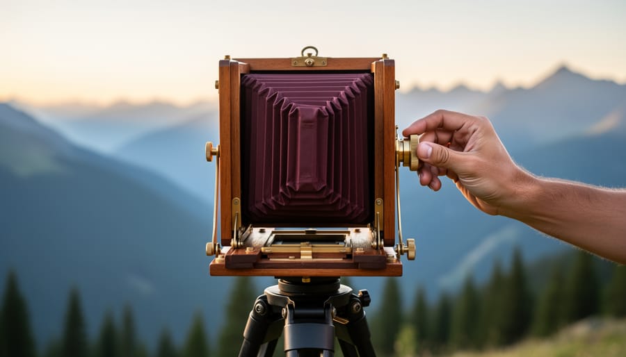 Eye-level close-up of a wooden 4x5 large format field camera on a tripod with extended bellows, a hand adjusting focus, lit by golden-hour side light, with a softly blurred alpine valley and pine trees in the background.