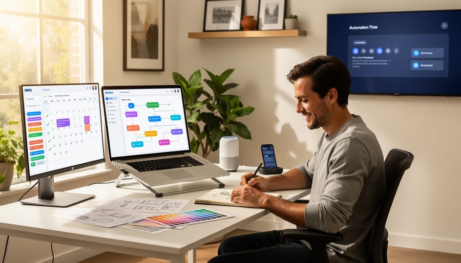 Photographer working efficiently at home office with family visible in background