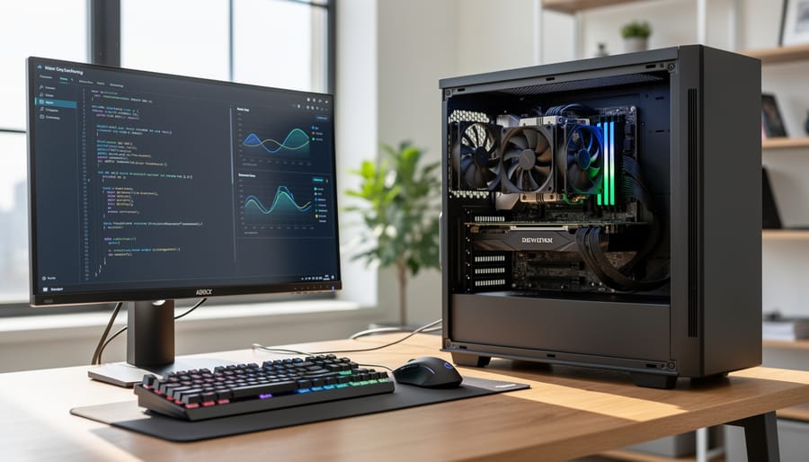 Overhead view of workstation computer build showing CPU cooler and motherboard assembly