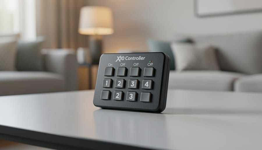 Photographer holding X10 wireless remote controller with physical buttons