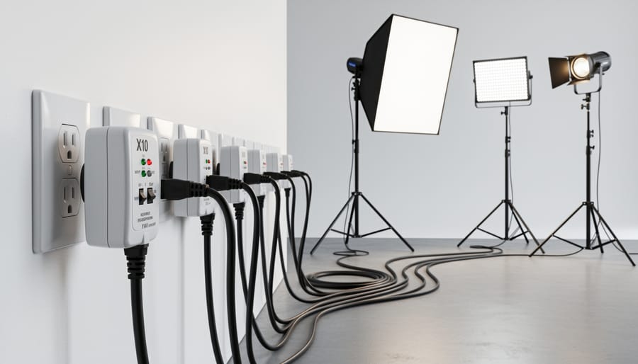 X10 powerline communication module plugged into wall outlet with studio light equipment connected