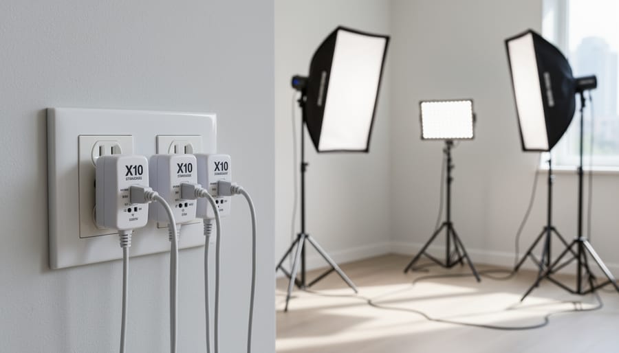 X10 powerline control module plugged into wall outlet with studio light connected