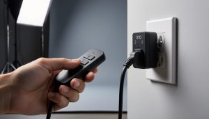 Close-up of a plug-in powerline control module between a wall outlet and a studio strobe cord, with a photographer’s hand holding a small remote; blurred background shows a softbox, C-stands, and a seamless backdrop in a modern photo studio.
