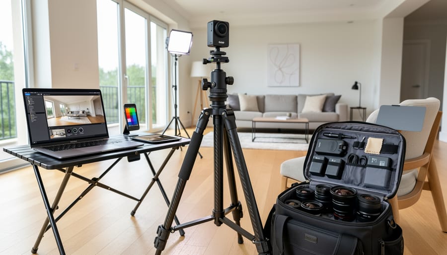 Professional real estate photography accessories including tripod, lighting, and camera bag
