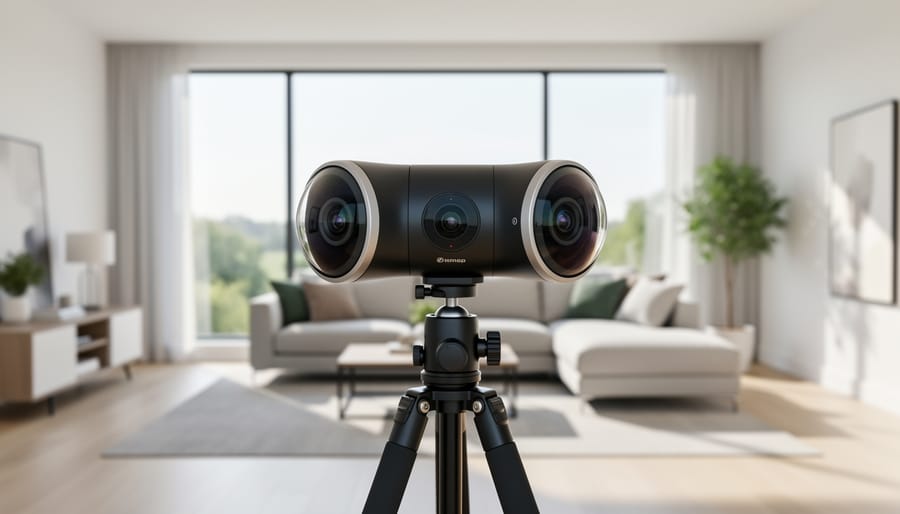 Close-up of 360-degree camera dual lens system with luxury interior reflected