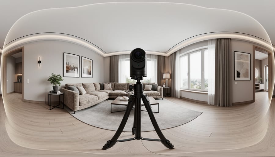 360-degree camera mounted on tripod photographing modern living room interior