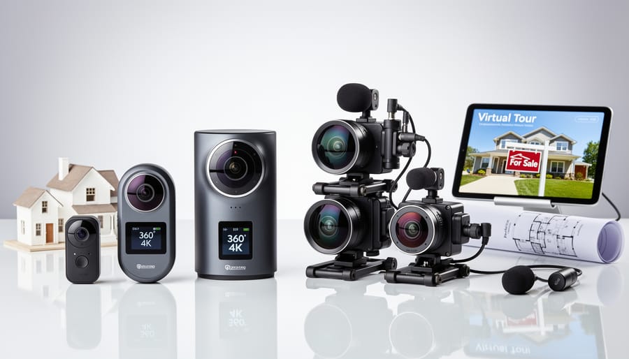 Three different 360-degree cameras displayed on desk with laptop showing virtual tour
