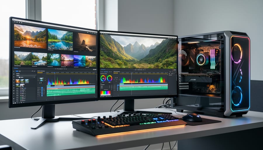 Photographer editing high-resolution video footage on external monitor