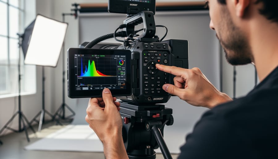 Cinematographer adjusting exposure settings on professional cinema camera