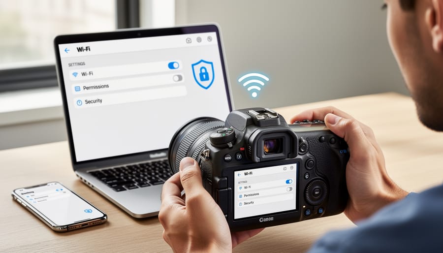 Photographer's hands navigating camera security settings menu