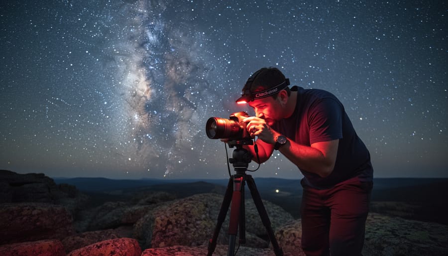 Photographer's hands adjusting DSLR camera settings using red flashlight illumination at night