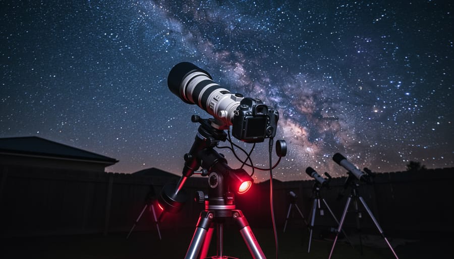Complete astrophotography setup with DSLR on star tracker mount beneath Milky Way galaxy