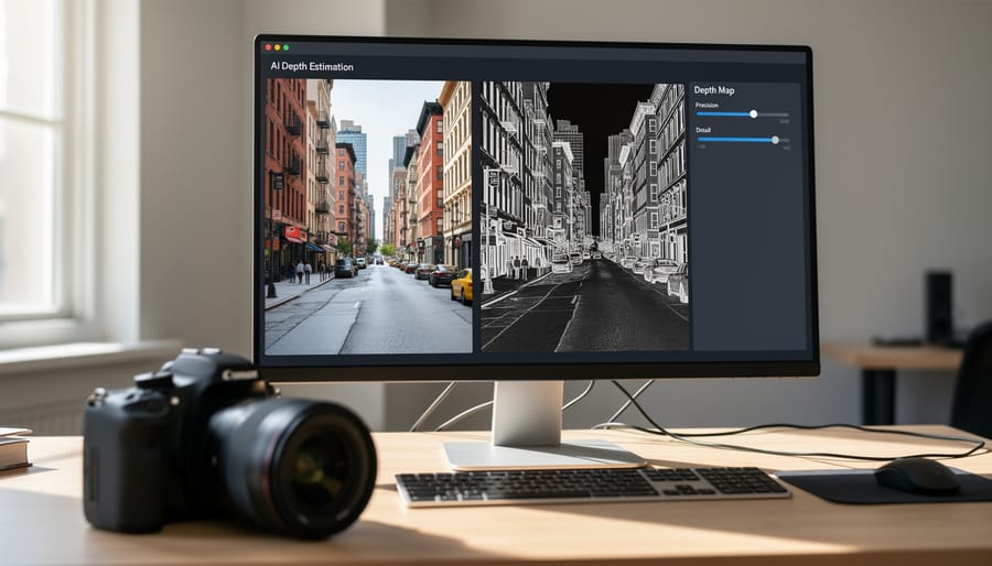 Photographer examining depth map on tablet screen in studio workspace