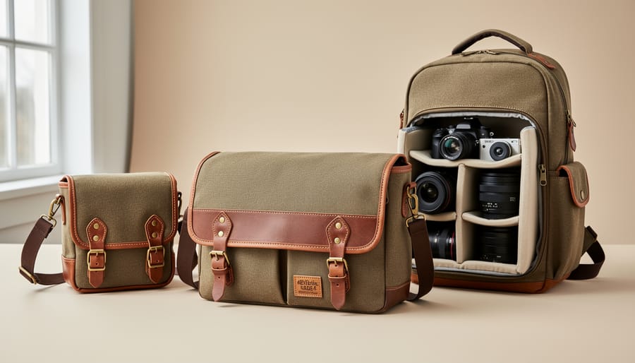 Overhead view of canvas camera bag on workbench with crafting tools and materials