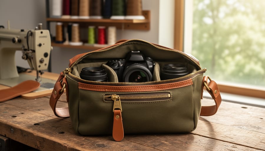 Close-up of an olive canvas American-made camera bag on a workshop bench, unzipped to reveal camera gear, with visible reinforced bartack stitching and a heavy-duty YKK zipper; blurred sewing machine and sunlit window with trees behind.