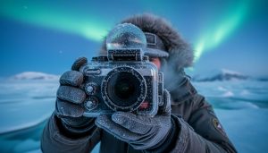 Gloved expedition photographer holding a DSLR inside a frosted clear waterproof housing on Arctic sea ice at blue hour, with green aurora and distant snowy ridges softly blurred in the background.